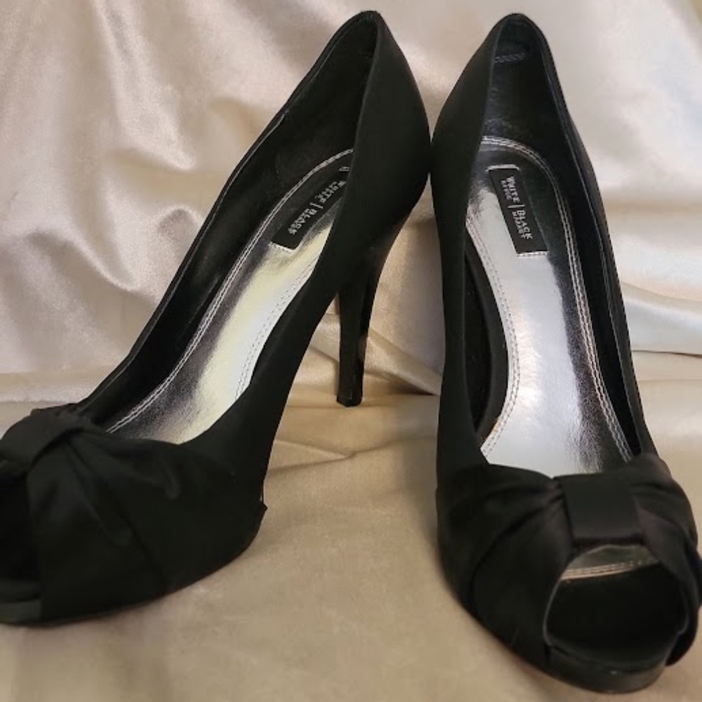 WHBM Black Satin Peep-Toe Platform 4" Heels with Bow Accent - Sz. 9.5M